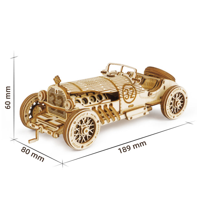 Wooden ROBOTIME ROKR Models Grand Prix Car with dimensions on a white background
