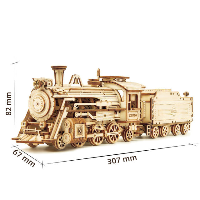 ROBOTIME ROKR Models Prime Steam Express Train MC501 Wooden model train with dimensions indicated on a white background