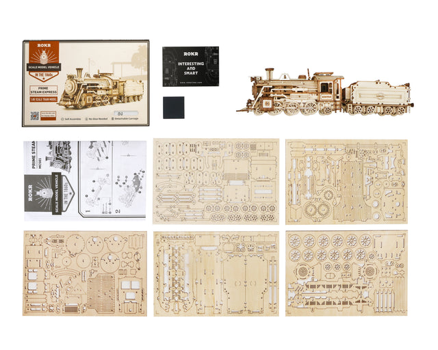 ROBOTIME ROKR Models Prime Steam Express Train MC501 Wooden model train kit with packaging, instructions, and components on a white background