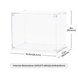 Clear acrylic ROBOTIME Rolife Kits Display Box TGF01 with dimensions on a white background