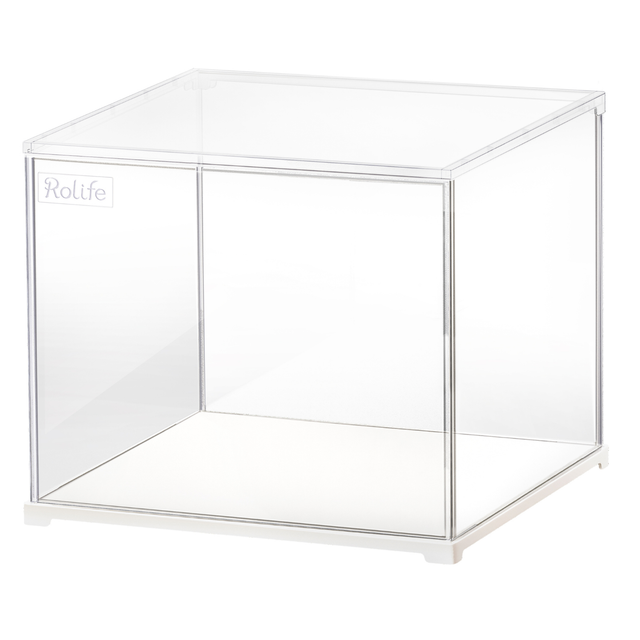 Clear acrylic ROBOTIME Rolife Kits Miniature House Display Box DF03L with white base on a white background, featuring the 'Rolife' brand.