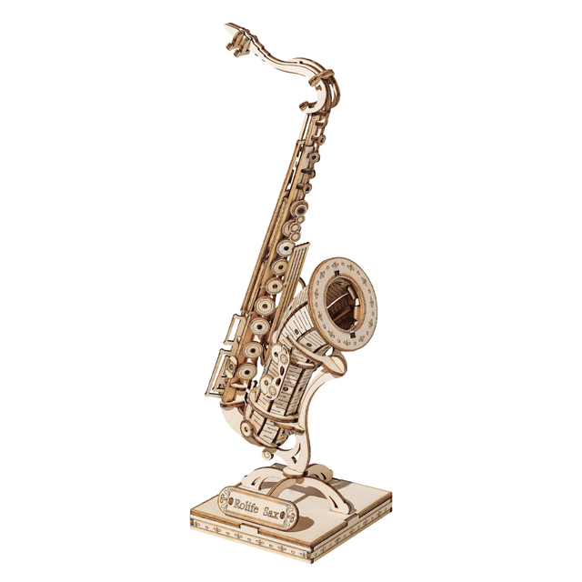 Wooden ROBOTIME Rolife Kits Saxophone TG309 on a white background