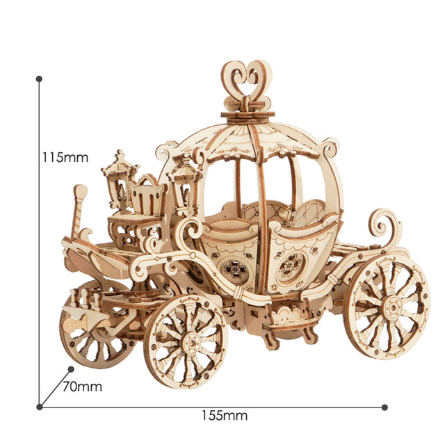 Wooden ROBOTIME Rolife kits Pumpkin Cart TG302 with measurements on a white background