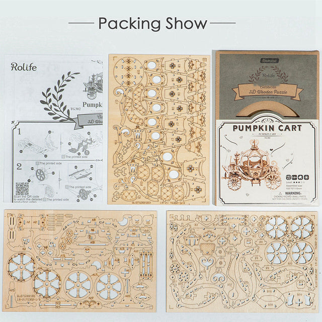 Wooden ROBOTIME Rolife kits Pumpkin Cart TG302 packaging with diagrams and branding on a light gray background
