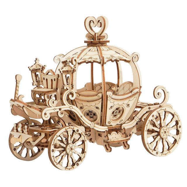 Wooden ROBOTIME Rolife kits Pumpkin Cart TG302 on a white background