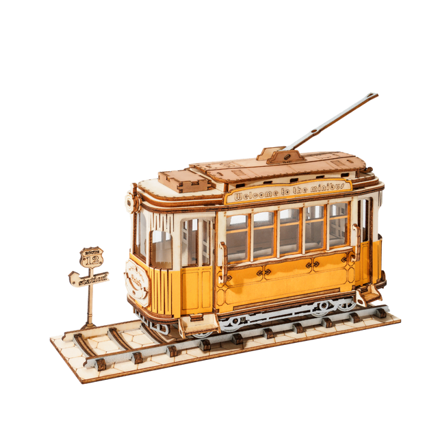 Model of ROBOTIME Rolife kits Tramcar on a white background