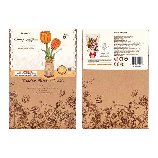 ROBOTIME Rowood Orange Tulip DIY Wooden Flowers packaging with floral design and Rowood branding