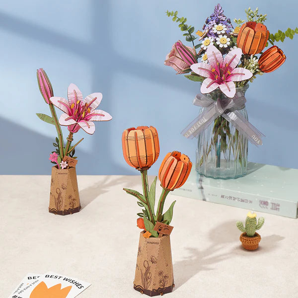 wooden flowers tulip arrangement with multiple DIY floral models in small vases