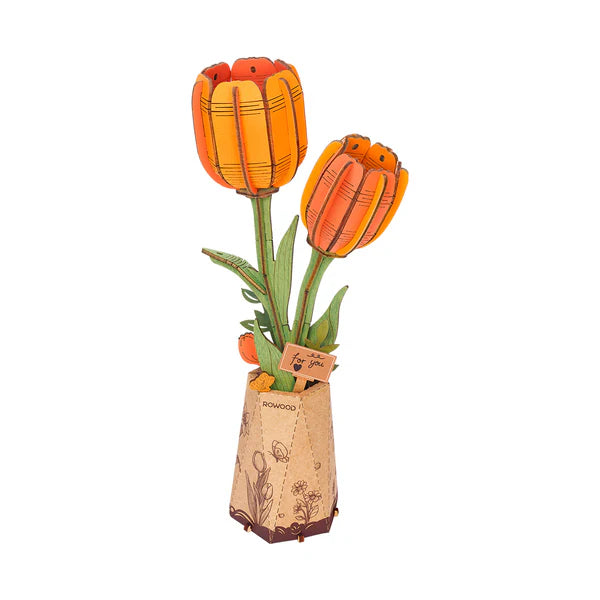 Decorative ROBOTIME Rowood Orange Tulip DIY Wooden Flowers in a small vase on a white background