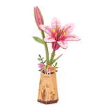 ROBOTIME Rowood Pink Lily Wooden Flowers on a white background