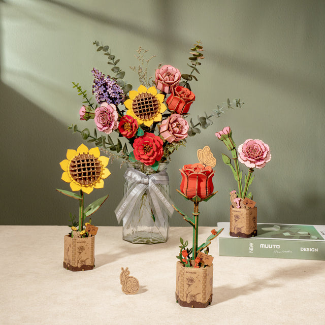 ROBOTIME Rowood Red Rose Wooden Flowers and Decorative floral arrangements in small pots on a neutral background