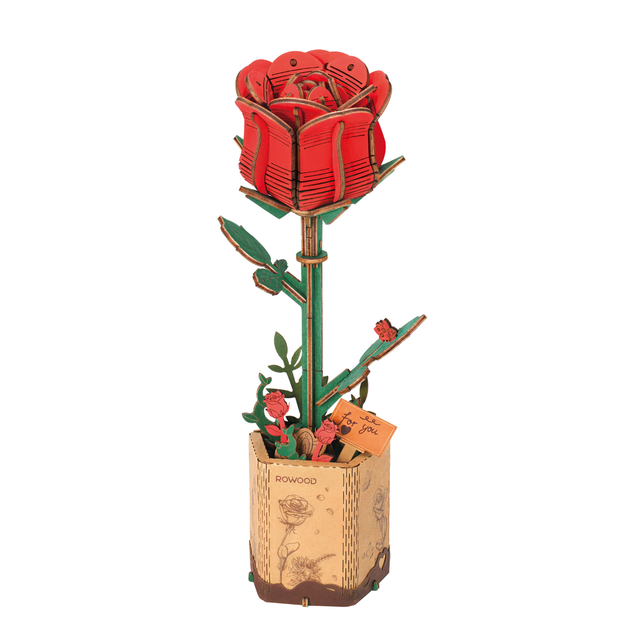 ROBOTIME Rowood Red Rose Wooden Flowers with a white background