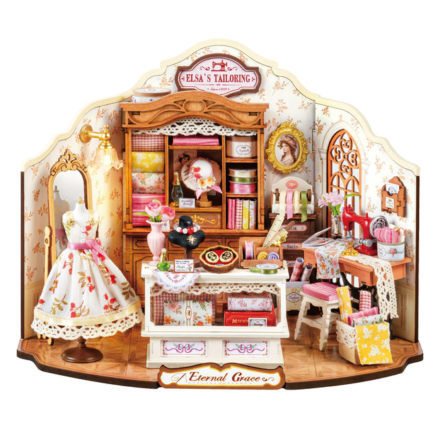 Wooden rolife kits furniture set with 'Elsa's Tailoring' theme on a white background Robotime
