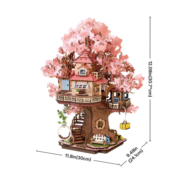 Rolife kits Sakura Tree House 3D wooden puzzle complete model front view with balcony and blossoms