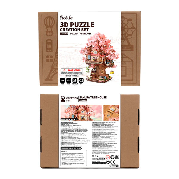 Rolife Sakura Tree House DIY kit packaging with instruction manual and components included