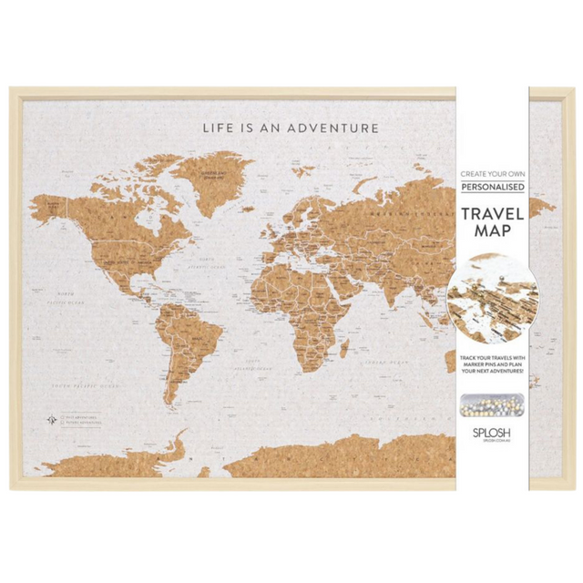 Splosh Small World Travel Map â€“ Personalised White Fram Push Pin Map Board with Cork Land Detail for Tracking Adventures. Features UK, Europe, and World Destinations, Life is an Adventure text, cork backing, 100 pins, and wall-mounting hooks. Ideal for home decor or as a travel gift.