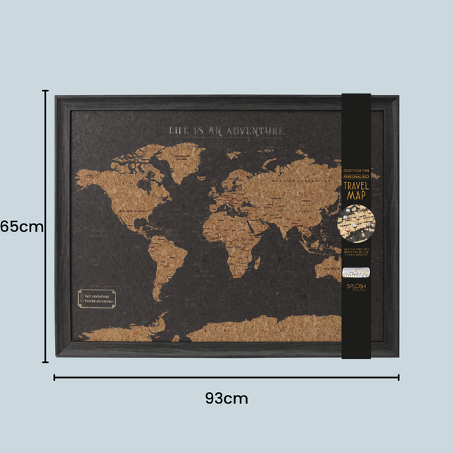 Splosh Travel Map – Large World Map in Black, 93x65cm, with Gold Land Detail and Cork Board Backing. Personalised pin labels for tracking travels, with 'Life is an Adventure' text and wall mounting hooks.
