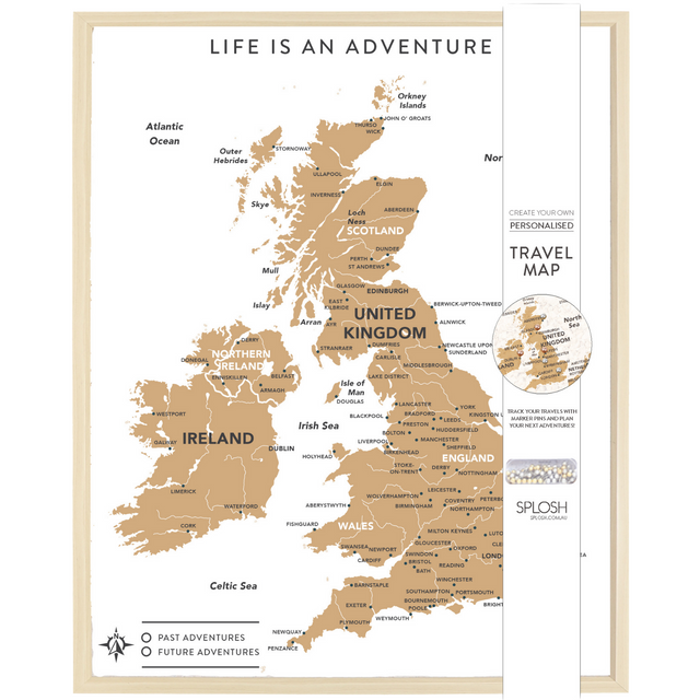 Splosh Travel Map â€“ UK Desk Map with White Frame and Gold Land Detail. Designed for desk use with a sturdy leg for support and anti-slip material. Perfect for tracking travels across the UK with push pins, featuring Life is an Adventure text. Ideal for home or office decor.