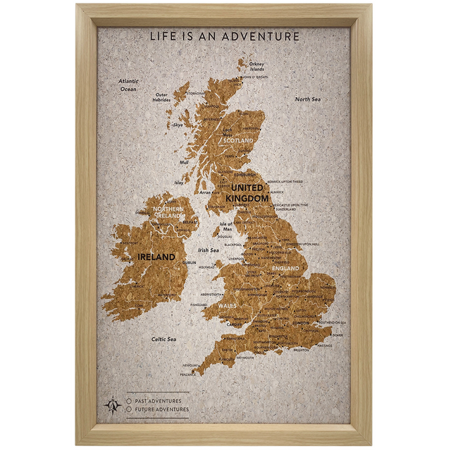 Splosh Travel Map â€“ Small UK Map with White Frame and Gold Land Detail. Features 'Life is an Adventure' text and hooks for easy wall mounting. Perfect for tracking travels across the UK with push pins, ideal for home dÃ©cor or as a thoughtful gift