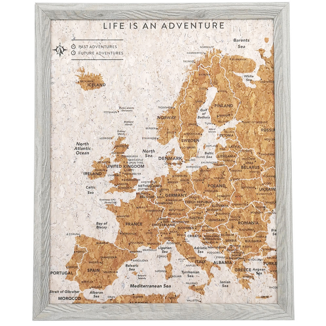 Splosh Travel Map â€“ Europe Desk Map with Grey Frame, Gold Land Detail, and Cork Board Backing. Designed for desk use with a sturdy leg for support and anti-slip material. Features personalised labels for your pins, tracking past and future travels across Europe. Includes 'Life is an Adventure' text, ideal for home or office dÃ©cor.