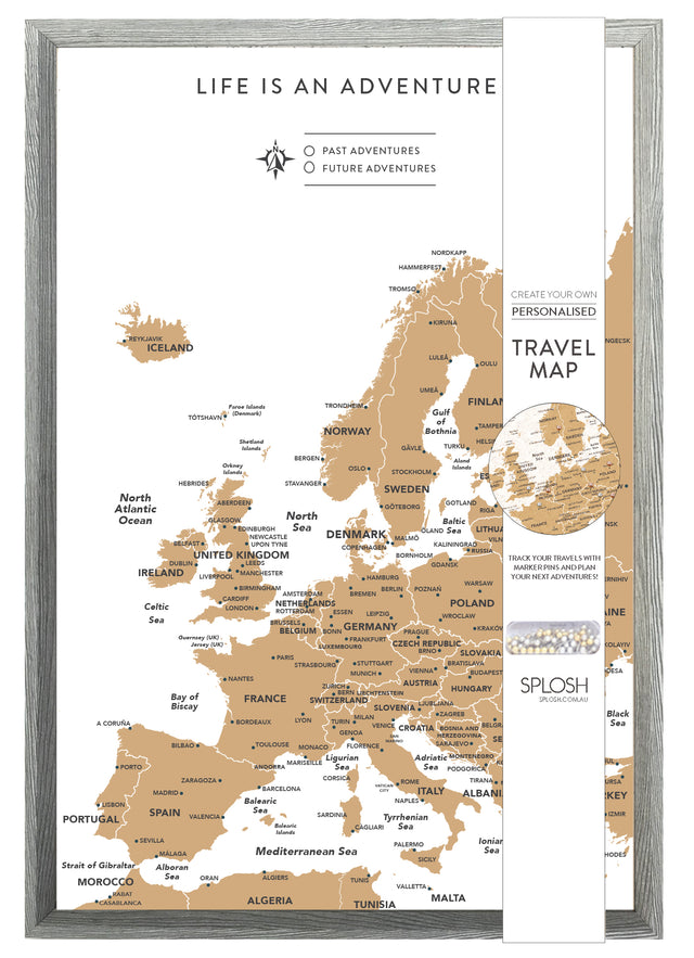 Splosh Travel Map - Europe Map - Small - Grey