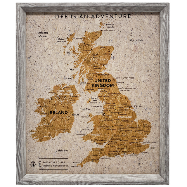 Splosh Travel Map â€“ UK Desk Map with Grey Frame, Gold Land Detail, and Cork Board Backing. Designed for desk use with a sturdy leg for support and anti-slip material. Features personalised labels for your pins, tracking past and future travels across the UK. Includes 'Life is an Adventure' text, ideal for home or office dÃ©cor.