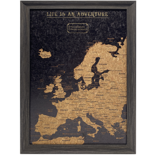 Splosh Travel Map – Small Europe Map with Black Frame, Gold Land Detail, and Cork Board Backing. Features personalised labels for your pins, tracking past and future travels across Europe. Includes 'Life is an Adventure' text and hooks for easy wall mounting, perfect for home décor or as a thoughtful gift.
