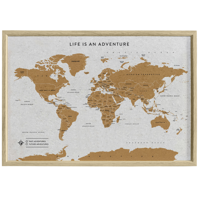 Splosh Travel Map – XL World Desk Map with White Frame, Gold Land Detail, and Cork Board Backing. Designed for desk use with a sturdy leg for support and anti-slip material. Features personalised labels for your pins, tracking past and future travels across the world. Includes 'Life is an Adventure' text, ideal for home or office décor