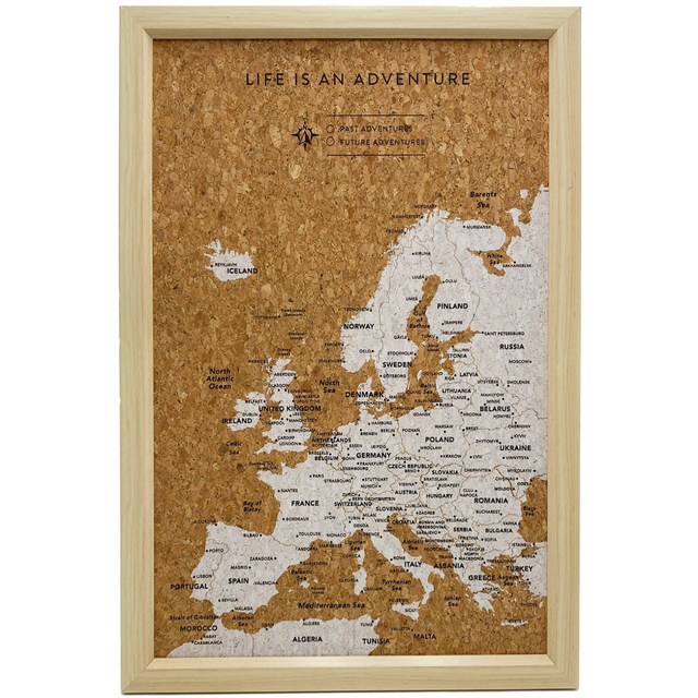Splosh Travel Map – Inverted Small Europe Map with White Frame, Gold Land Detail, and Cork Board Backing. Features personalised labels for your pins, tracking past and future travels across Europe. Includes 'Life is an Adventure' text and hooks for easy wall mounting, perfect for home décor or as a thoughtful gift.