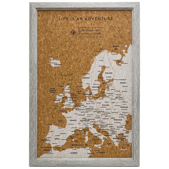 Splosh Travel Map â€“ Inverted Small Europe Map with Grey Frame, Gold Land Detail, and Cork Board Backing. Features personalised labels for your pins, tracking past and future travels across Europe. Includes 'Life is an Adventure' text and hooks for easy wall mounting, perfect for home dÃ©cor or as a thoughtful gift.