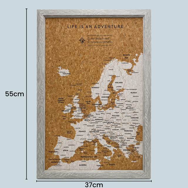 Splosh Travel Map â€“ Small Inverted Europe Map in Grey, 37x55cm, with Gold Land Detail and Cork Board Backing. Features personalised pin labels, 'Life is an Adventure' text, and hooks for easy wall mounting.