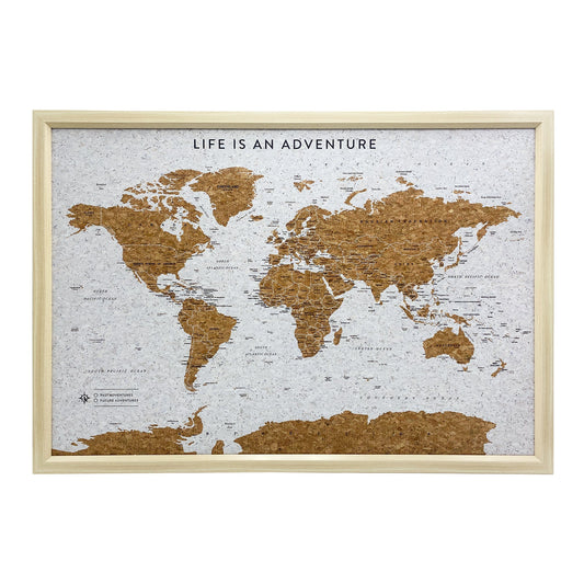Splosh Travel Map – XL World Desk Map with Grey Frame, Gold Land Detail, and Cork Board Backing. Designed for desk use with a sturdy leg for support and anti-slip material. Features personalised labels for your pins, tracking past and future travels across the world. Includes 'Life is an Adventure' text, ideal for home or office décor.