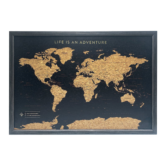 Splosh Travel Map – Medium World Map with Black Frame, Gold Land Detail, and Cork Board Backing. Features personalised labels for your pins, tracking past and future travels across the world. Includes 'Life is an Adventure' text and hooks for easy wall mounting, perfect for home décor or as a thoughtful gift.
