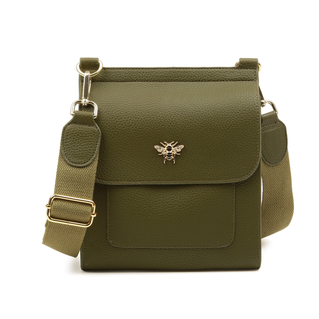Alice Wheeler Bloomsbury Crossbody Bag in Olive made from premium vegan leather with adjustable shoulder strap