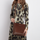 Alice Wheeler Chocolate suedette crossbody handbag styled for shopping, travel and everyday wear