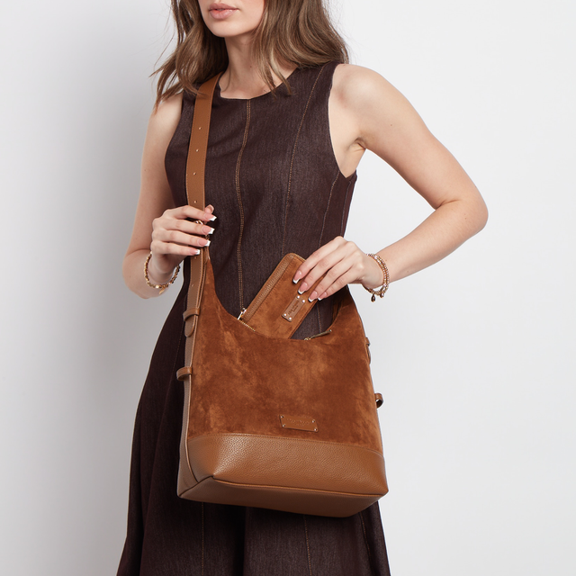 Alice Wheeler Fudge large suedette crossbody bag with vegan leather trim
