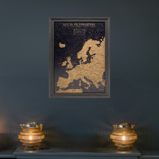 Framed black Europe cork board travel map wall display