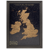 Black UK and Ireland travel map cork board with metallic push pins by Splosh for tracking travel adventures