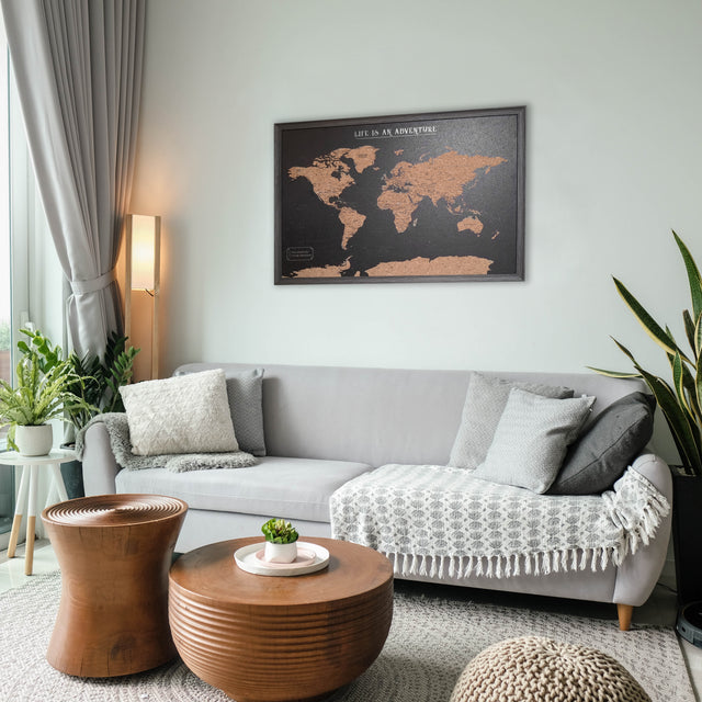 Black world travel map push pin board wall decor for tracking travel destinations