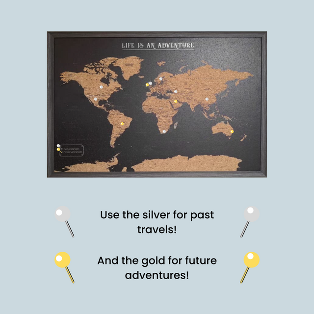 Splosh black travel map with metallic push pins for future and past travels