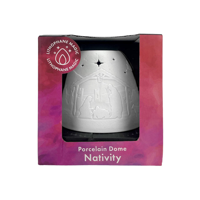 Cello Nativity Tall Tealight Dome in gift box front view