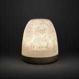 Cello tall tealight dome Best Best Friend design glowing on dark background