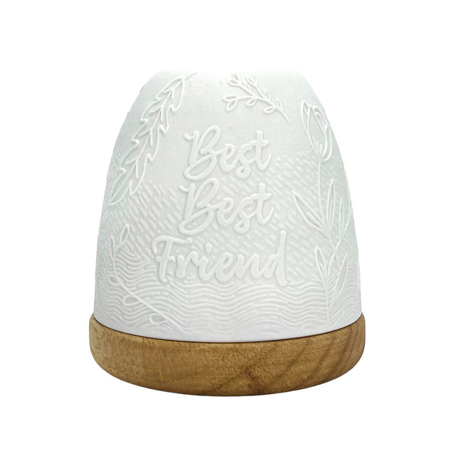 Unlit white porcelain Best Best Friend tealight dome showing detailed engraving