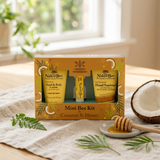 Coconut and honey skincare travel set with lotion lip balm and sanitiser