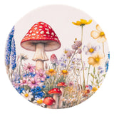 Cottage Grove mushroom ceramic coaster with cottage-core wildflower illustration and cork backing.