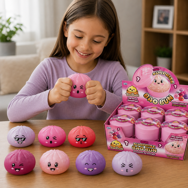 Diva Bao Bun squishy fidget toy in a reusable dumpling case with assorted pink and purple colours