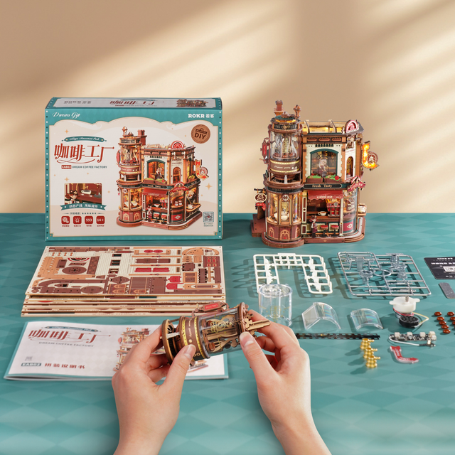 ROKR Dream Coffee Factory mechanical wooden puzzle with LED lights