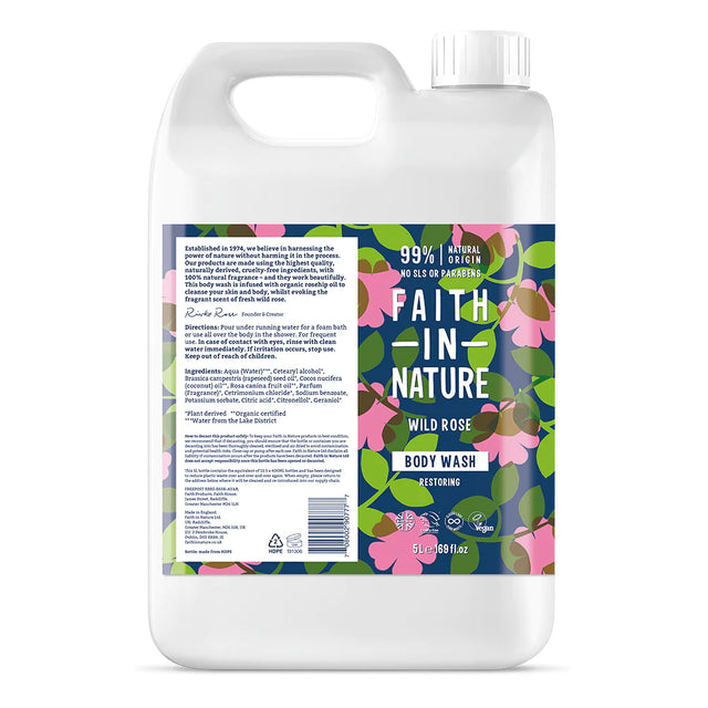 Faith In Nature Wild Rose Body Wash Refill 5L with organic rosehip seed oil