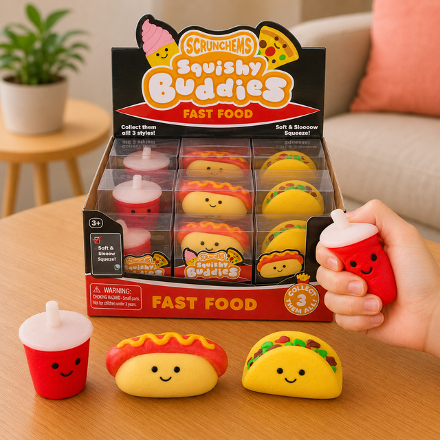 Fast food squishy fidget toy in assorted hot dog, taco and soda cup designs for stress relief and sensory play