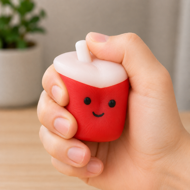Fast food squishy fidget toy being squeezed in hand for stress relief, anxiety reduction and sensory play